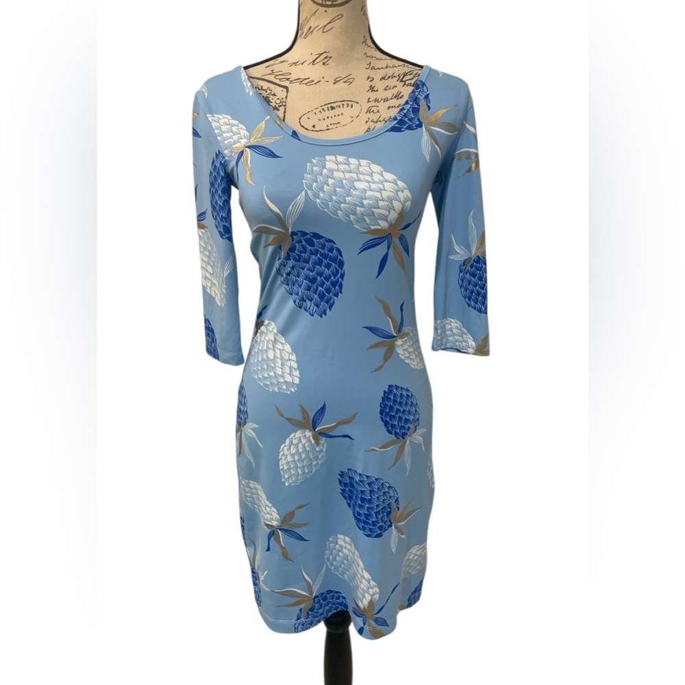 Persifor XS Blue Pineapple Print Sheath Dress 3/4 Sleeve